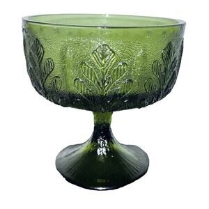 1978 FTD Green Compote Pedestal Glass Bowl Oak Leaf Embossed Vintage